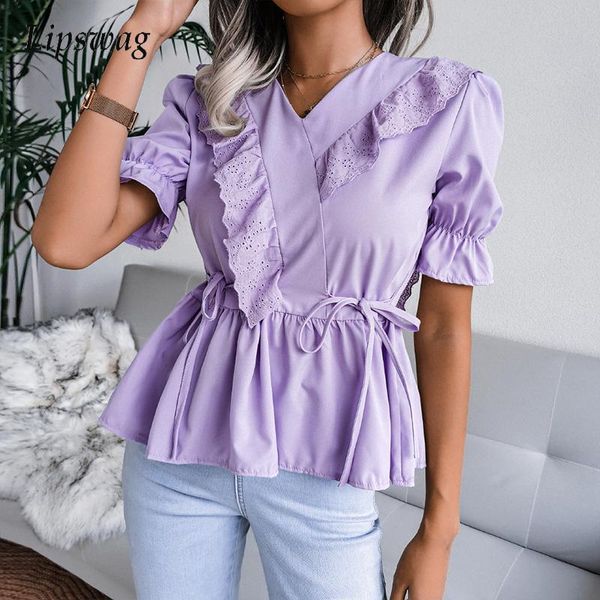 

women's blouses & shirts summer elegant lace ruffle pullover fashion tie-up chic solid shirt lady casual short sleeve women blouse stre, White