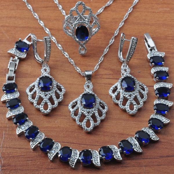 

earrings & necklace bridal wedding jewelry sets for women silver color blue zirconia set rings bracelet party gift js0625