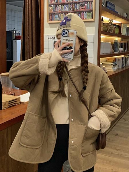 

korean style 2021 winter composite imitation lamb wool large pocket warm coat women's clothing versatile loose fashion jackets, Black;brown