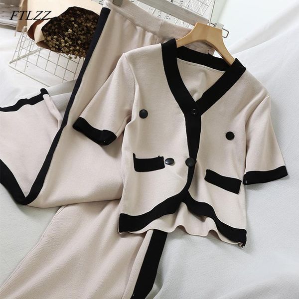 

two piece dress ftlzz 2021 women black knitted set elegant short sleeve v-neck casual shirts and loose pants 2 autumn, White