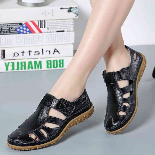 

sandals women split leather summer shoes woman hollow out flat ladies casual soft bottom female beach sandal 0075, Black