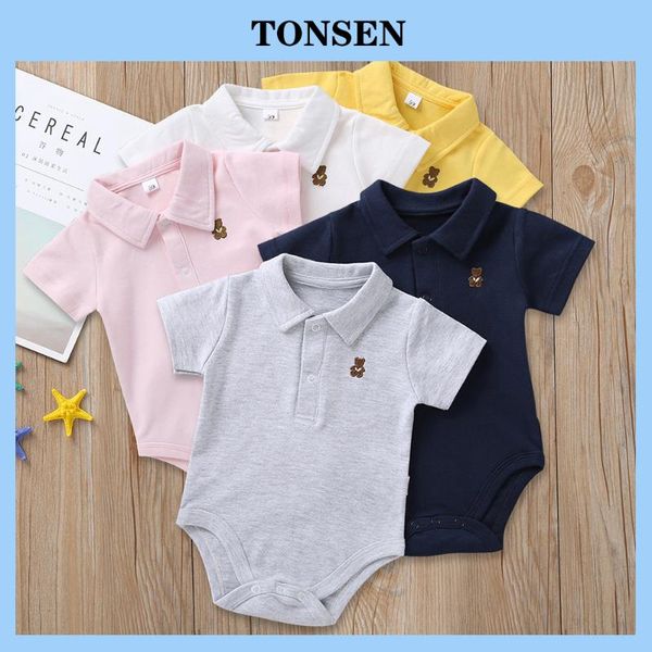 

born baby boys girls summer solid color toddler shirt collar short sleeves rompers outfit infant jumpsuit 0-24, Blue