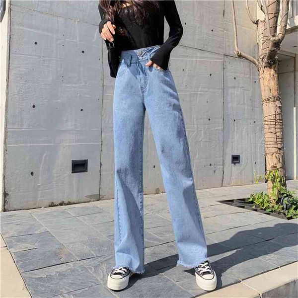 

high waisted jeans women tassel full length straight plus size denim pants blue vintage streetwear fashion clothes 210607