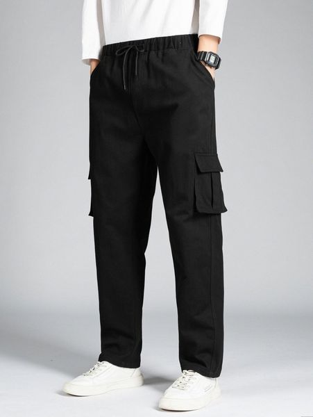 

men flap pocket drawstring waist pants m85n#, Black