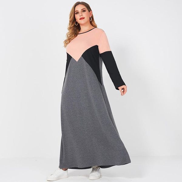 

plus size dresses 2021 summer maxi dress women pink black gray stitching casual sport loose long sleeve large robes 4xl
