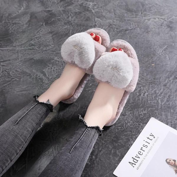 

slippers fashion sweet heart fur women candy color furry slides warm winter plush mules shoes woman flat heel pantufa, Black