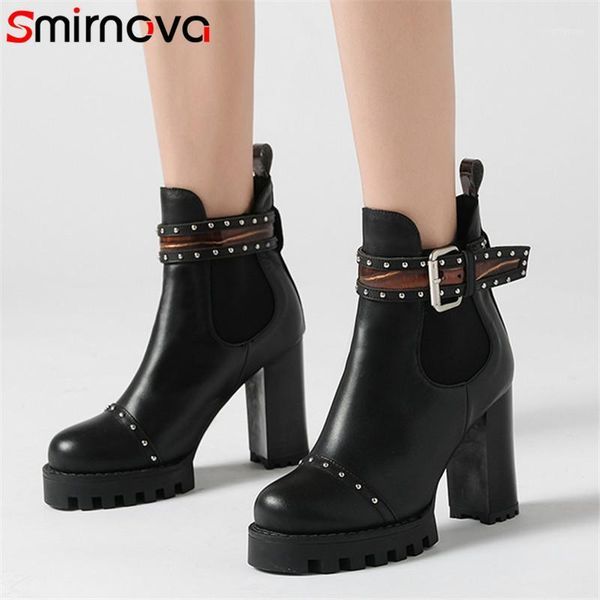 

boots smirnova 2021 arrive women ankle buckle rivet round toe autumn winter high heel platform ladies shoes black1, Black