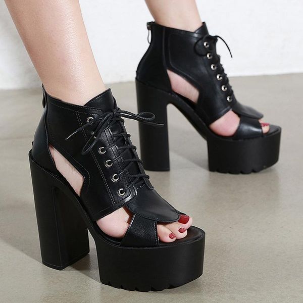 

sandals 2021 women summer stripper 14cm square high heels fashion wedges lace up rome boots 5cm platform fetish party shoes, Black