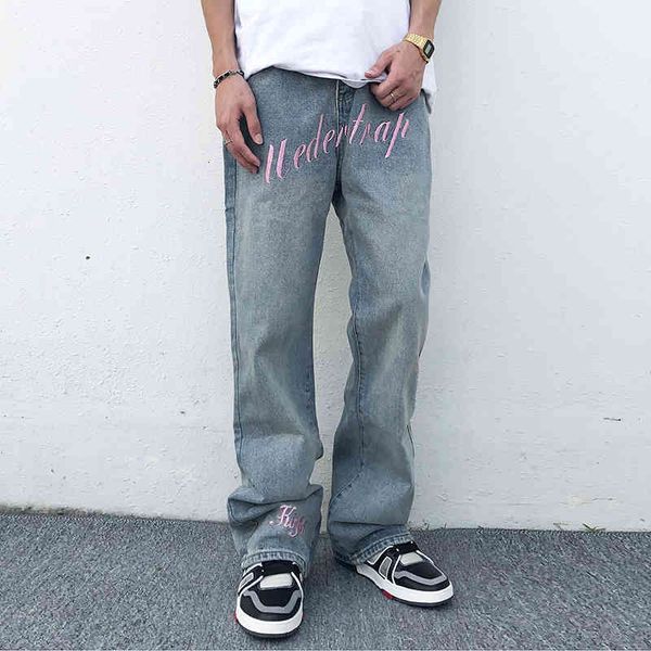 

men's jeans shinny jeans, loud men's washed jeans with embroidered pink letters big-size brim retro baggy pants. ojst, Blue