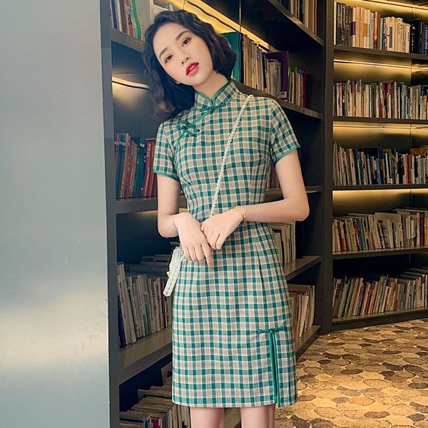 

short sleeve cheongsam knee length elegant women mandarin collar party dress summer evening qipao button vestido size -3xl ethnic clot, Red