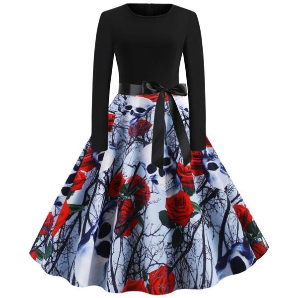 

casual dresses vintage dress women halloween long sleeve o-neck big swing party printed bow robe vestidos, Black;gray