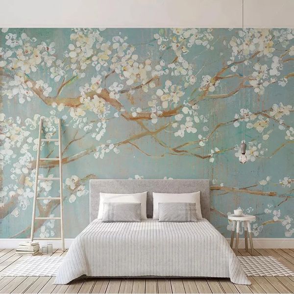 Carta da parati personalizzata 3D Pittura a olio verniciata a mano 3D Pittura a olio di ciliegio fiori murales soggiorno biancheria da letto Decor