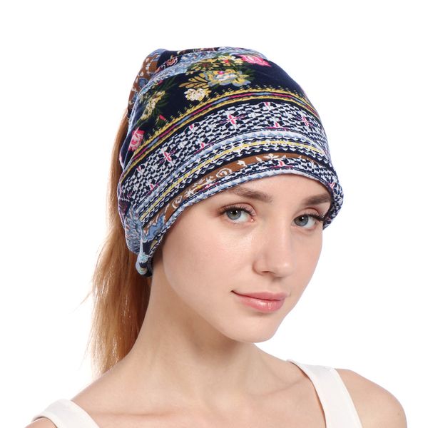 Novo Elegante Macio Respirável Floral Floral Chemo Cancer Beanie Nightcap Muçulmano Muslim Islamic Hat Dormindo Tampão Atacado Bonetes