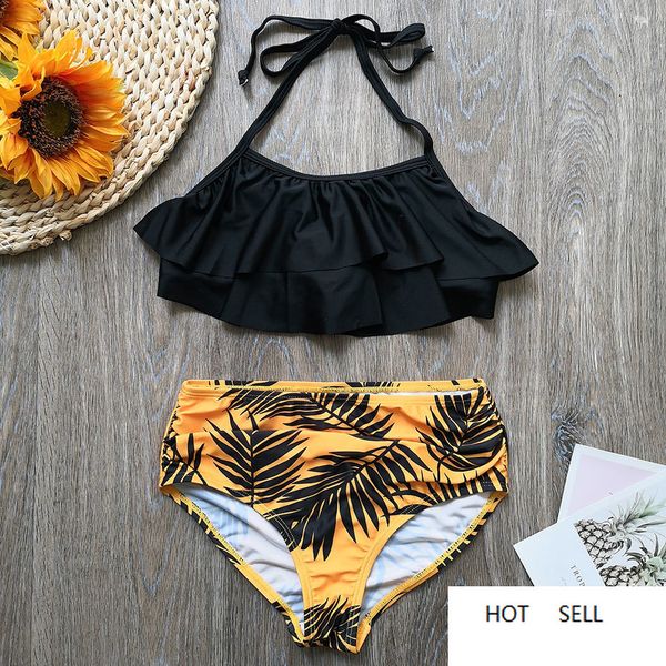 5-14 Anos Menina Swimsuit Kids Swimwear Folha Impressão Adolescente Menina Bikini Halter Top Meninas Banhando Falbala Crianças Swimwear