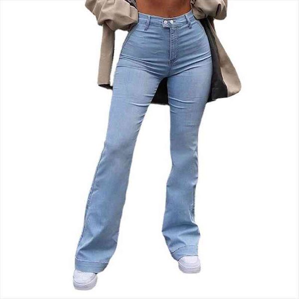 

flare vintage denim high waist womens jean skinny fashion stretch pocket trousers streetwear wide 6339, Blue