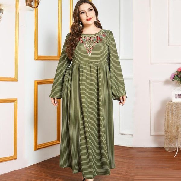 

ethnic clothing 2021 muslim women's fashion stripe splicing embroidered long sleeve elegant leisure large dress skirt robe, Red