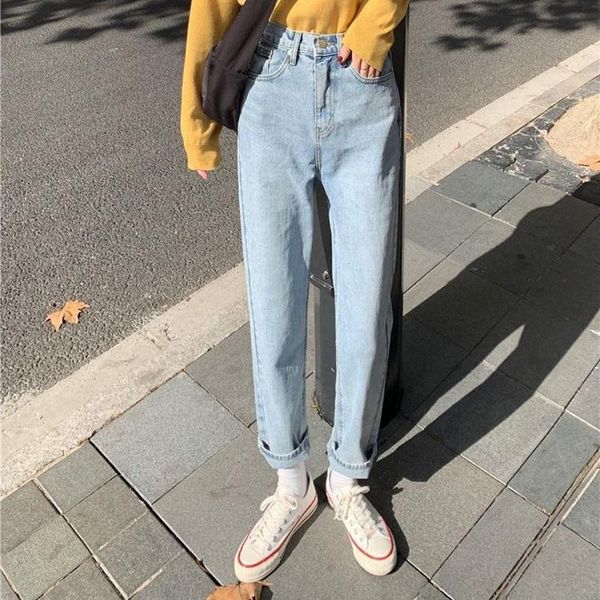 

women's jeans woman pants 2021 loose light color for women high waist straight-leg shorts trousers, Blue