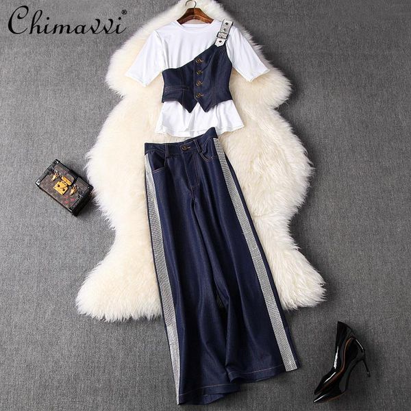 

women's two piece pants 2021 spring/summer fashion 3-piece set solid color short-sleeved t-shirt+denim waist seal+rhinestone wide-leg, White