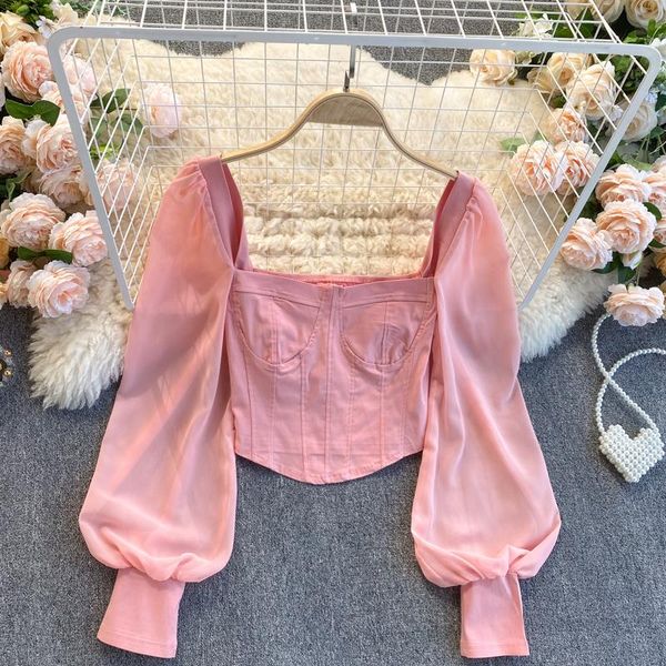 

women's blouses & shirts singreiny women fashion korean blouse square collar puff sleeve solid slim 2021 summer streetwear short, White