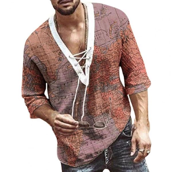 

men's t-shirts stylish men shirt map print v neck pullover loose front lace up half sleeve quick drying tee for vacation blue xxxl, White;black
