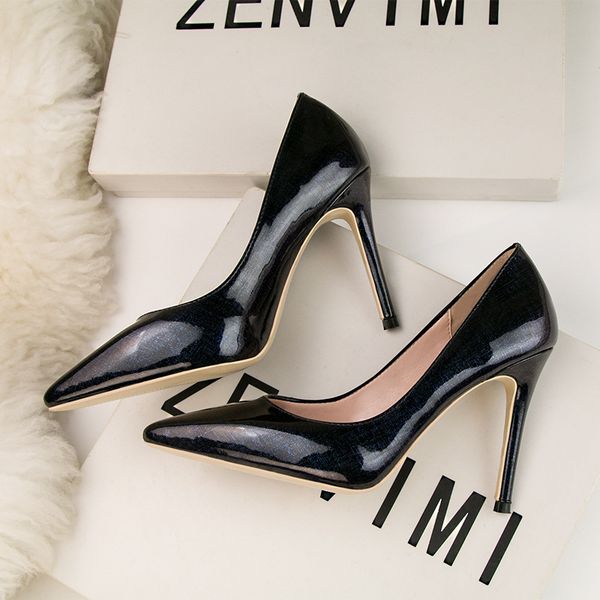 

leather pointed high heels night club slim women's shallow mouth single shoes thin heel versatile women's shoes, Black