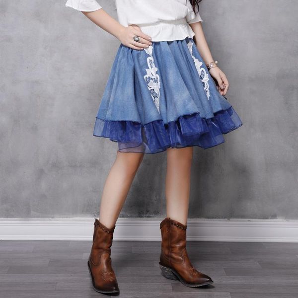 

skirts vintage women's 2021 denim women mesh skirt organza patchwork lace flower elastic saias k2232 saia feminina, Black