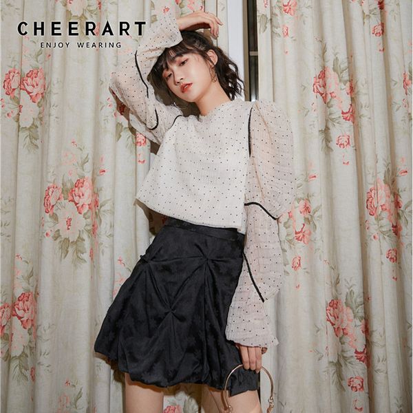 

designer white puff sleeve long blouse women summer polka dot ladies korean fashion clothing 210427