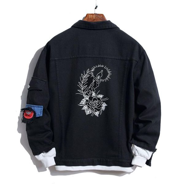 

men's male fashion casual flower print black denim jacket bird embroidery patchwork jean coat outwear 0819 jackets, Black;brown