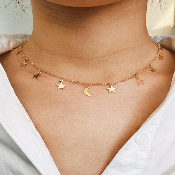 

retro star moon pendant necklace for women gold color alloy short clavicle chain female choker collar jewelry gift necklaces, Silver