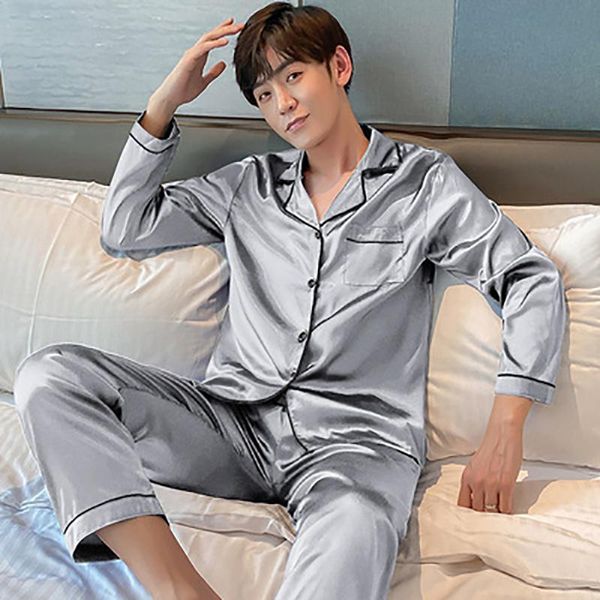 

men's sleepwear men ice-silk smooth solid color pajamas rayon long button pajama set casual wear large size, Black;brown