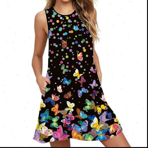 

womens dress fashion sweet butterfly print women summer sleeveless o neck loose casual a line beach party mini vestidos, Black;gray