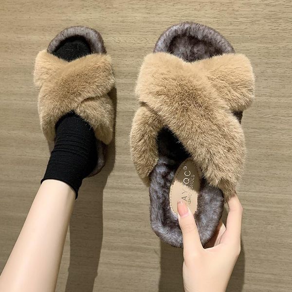 

slippers 2021 winter keep warm women comfortable cross indoor floor slides flat soft furry shoes ladies female non-slip, Black