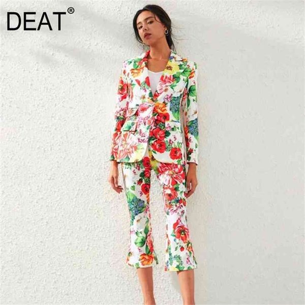 

[deat] spring autumn fashion long sleeve single button v-neck printing blazer flare pants women suit 13c521 210527, White