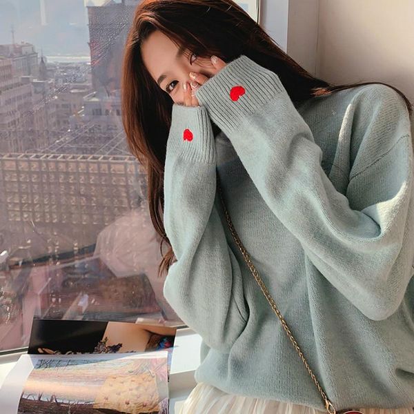 

women's sweaters embroidery heart sweater women solid pullovers o-neck knitted winter clothes harajuku shirt oversized korean top, White;black