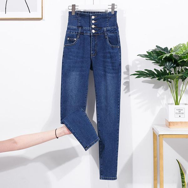 

women's jeans dress of fund 2021 fat younger sister autumn reduction cultivate morality show tall waist stretch, Blue