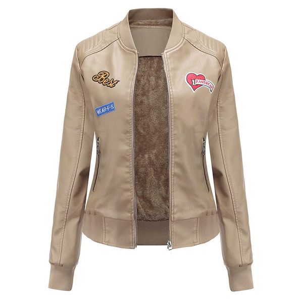 

women's leather & faux 2021 autumn winter jacket for women slim baseball uniform plus size printing stand collar warm coats chaquetas d, Black