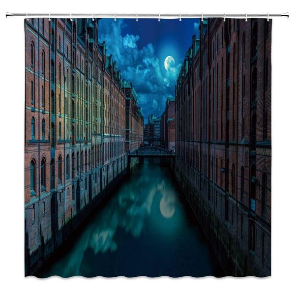 

shower curtains venice curtain decor moon night scene view bridge building house ocean sea river riverway scenery landscape creative