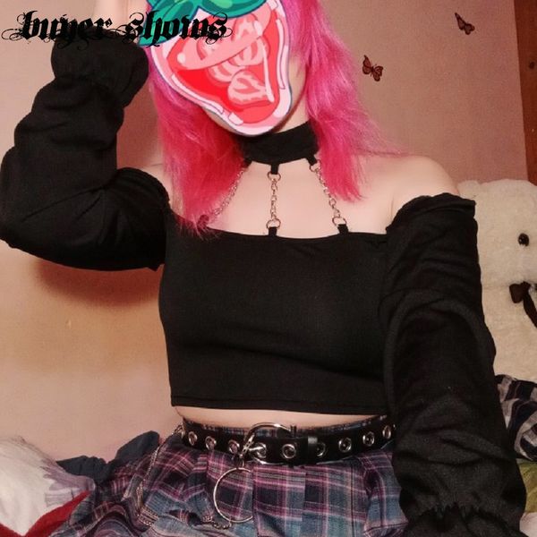 

goth dark punk with chain off shoulder t-shirts gothic backless grunge black halter crop long sleeve women autumn tee, White