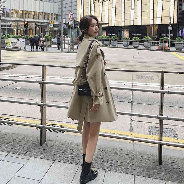 

women's trench coats windbreaker mid-length short-height coat 83wr, Tan;black