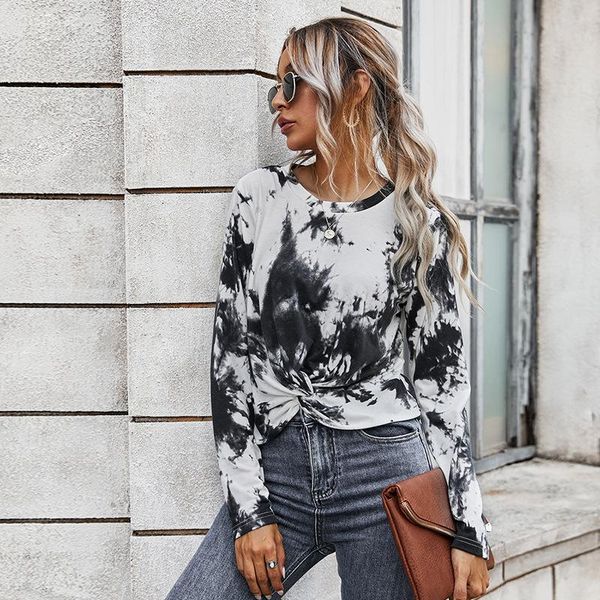 

women's t-shirt spring autumn 2021 o-neck folds women mujer tie dyed graphic t-shirts casual loose waist long sleeve shirt, White