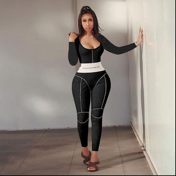 

ribbed letter print autumn womens jumpsuits o neck striped backless sportswear overalls high waist elastic romper female, Black;white