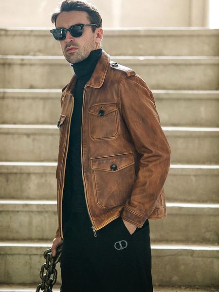 

men's leather & faux genuine clothes sheepskin safari jacket short slim-fit retro distressed coat fashion, Black