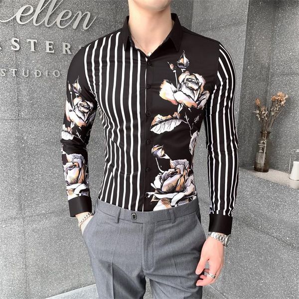 

men's dress shirts white/black shirt men korean fashion autumn spliced floral all match striped long sleeve for clothing 4xl