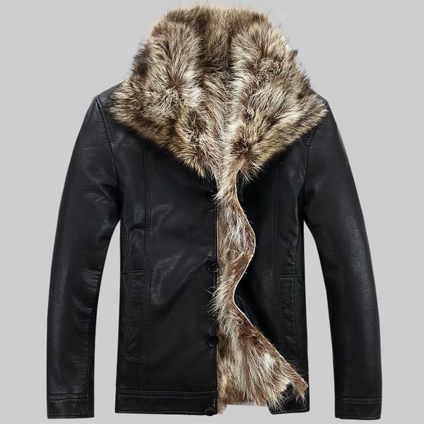 

men's leather & faux luxury mens jacket coat 100% raccoon fur fashion men winter man clothes warm male, Black