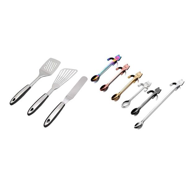 

pcs stainless steel spatula set & 6 coffee spoon mini cartoon cat long handle flatware dinnerware sets
