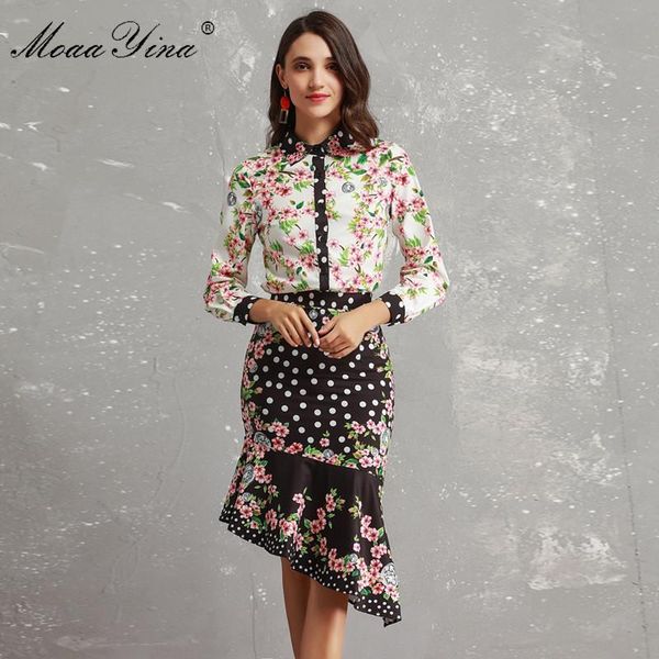 

women's two piece pants moaayina fashion spring set women long sleeve applique beading floral-print loveliness elegant blouse+asymmetri, White