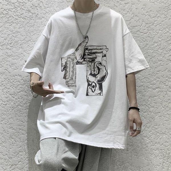 

men's t-shirts hybskr hip hop gesture print men t shirt oversized casual short sleeve tshirt man 2021 fashion couple clothing harajuku, White;black