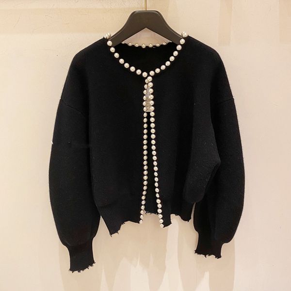 

[deat] new fashion korean jackets pearls cardigan batwing sleeve wool knit vintage women's coat jacket aq927 201015, Black;brown