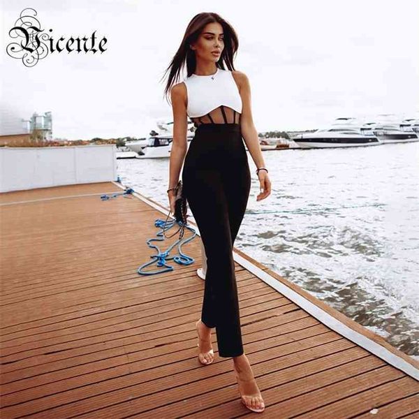 

trendy striped voile splicing design color block sleeveless celebrity party bandage jumpsuit 210520, Black;white