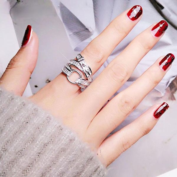 

cluster rings 925 sterling silver sparkling zircon fashion creative belt buckle wedding bride jewelry gifts for women, Golden;silver